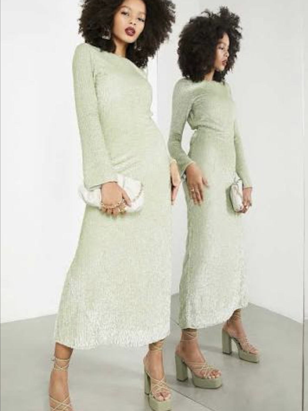ASOS DESIGN SEQUIN SAGE GREEN MAXI DRESS BACKLESS LONG SLEEVE EVENING PARTY